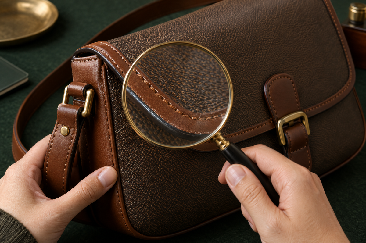 Loupe posée sur les coutures d'une sacoche en toile et cuir pour en vérifier les finitions