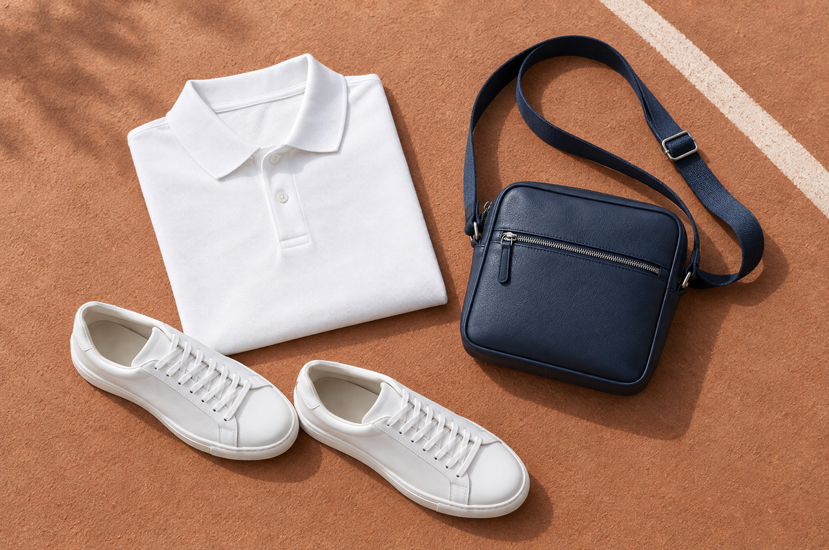 Polo blanc, baskets blanches et petite sacoche bandoulière marine sur une terre battue