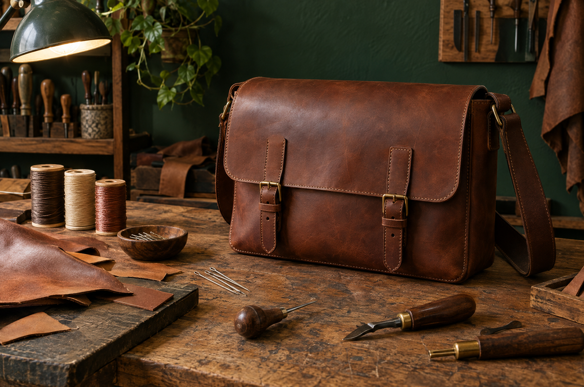 Sacoche en cuir marron sur un établi de maroquinier avec ses outils et ses fils
