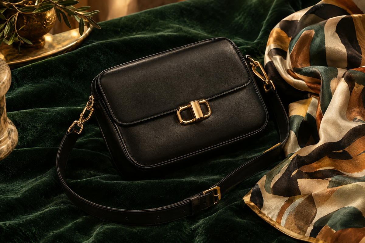 Sacoche en cuir noir à fermoir doré sur un velours vert, à côté d'un foulard en soie