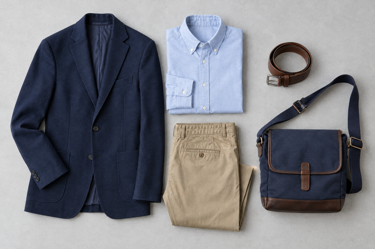 Blazer marine, chemise oxford, chino et sacoche bandoulière en toile marine et cuir Image