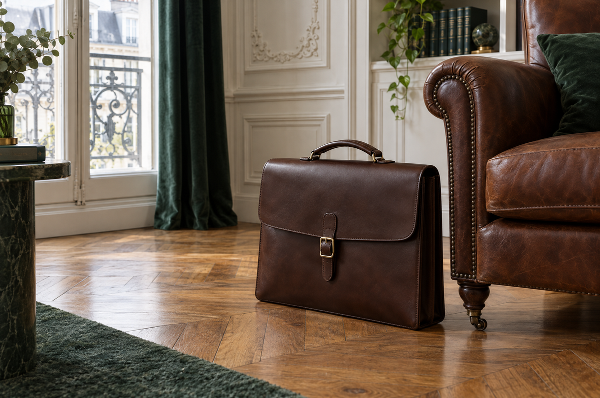 Porte-documents en cuir brun à rabat posé sur un parquet, près d'un fauteuil club