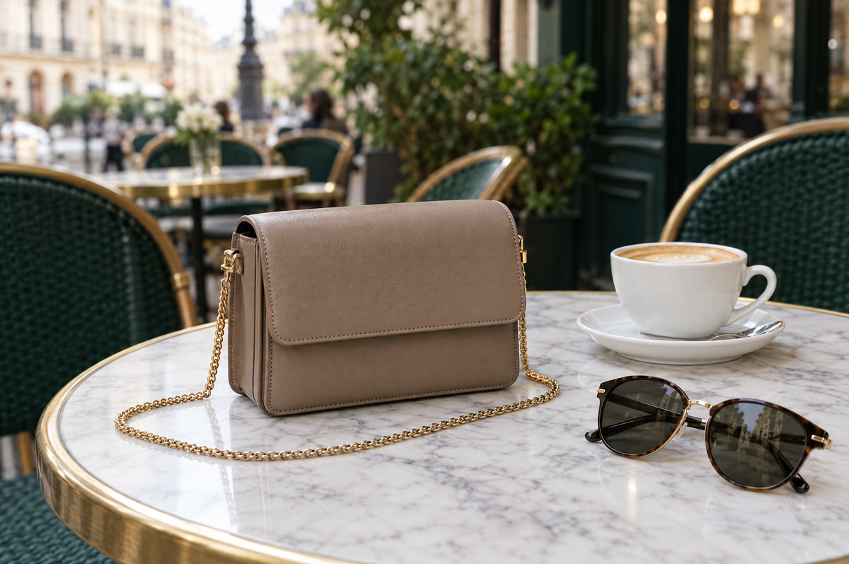 Petite sacoche femme en cuir taupe à chaîne dorée sur une table de café