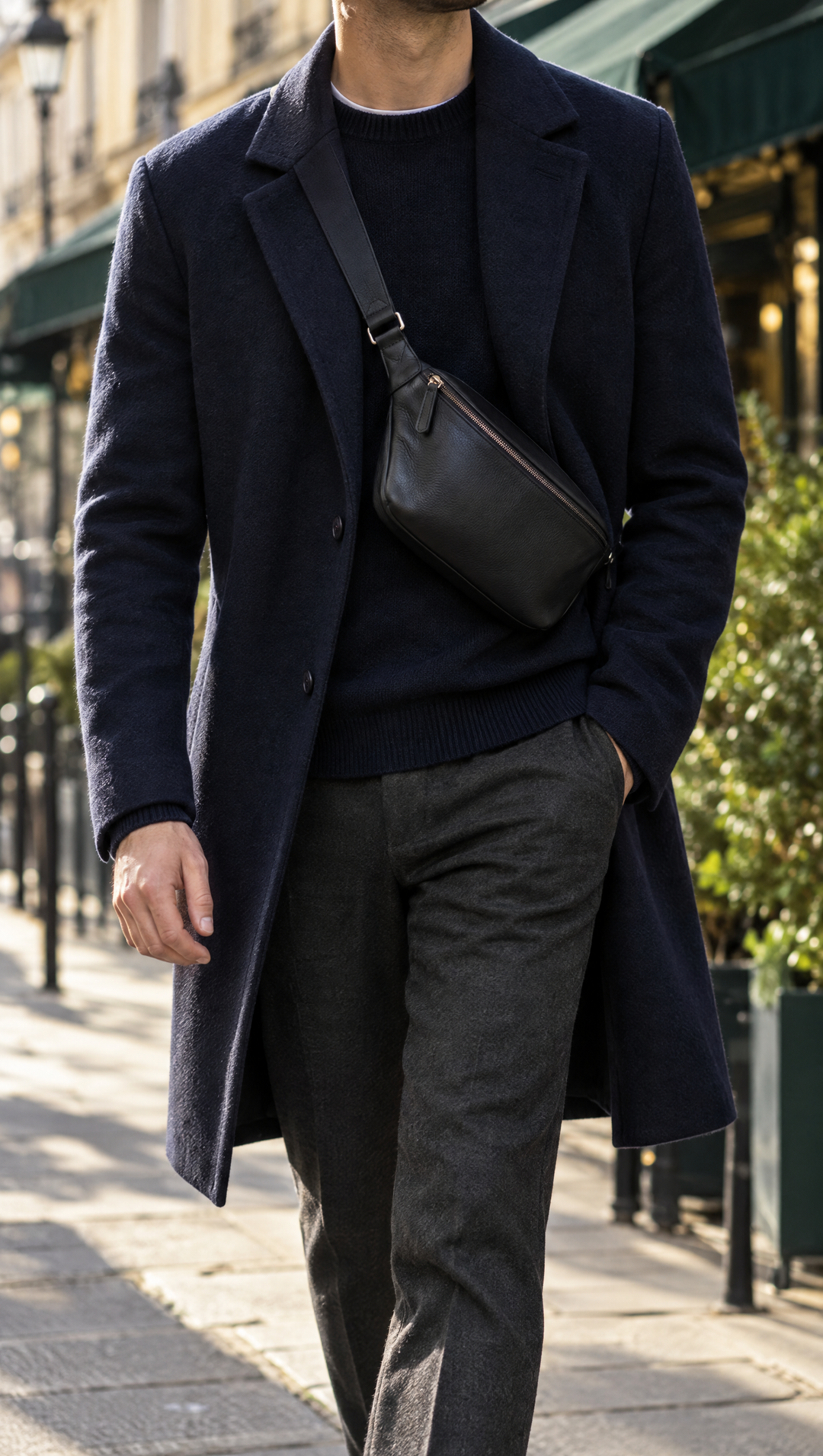 Homme en manteau marine portant une sacoche bandoulière en cuir noir en ville