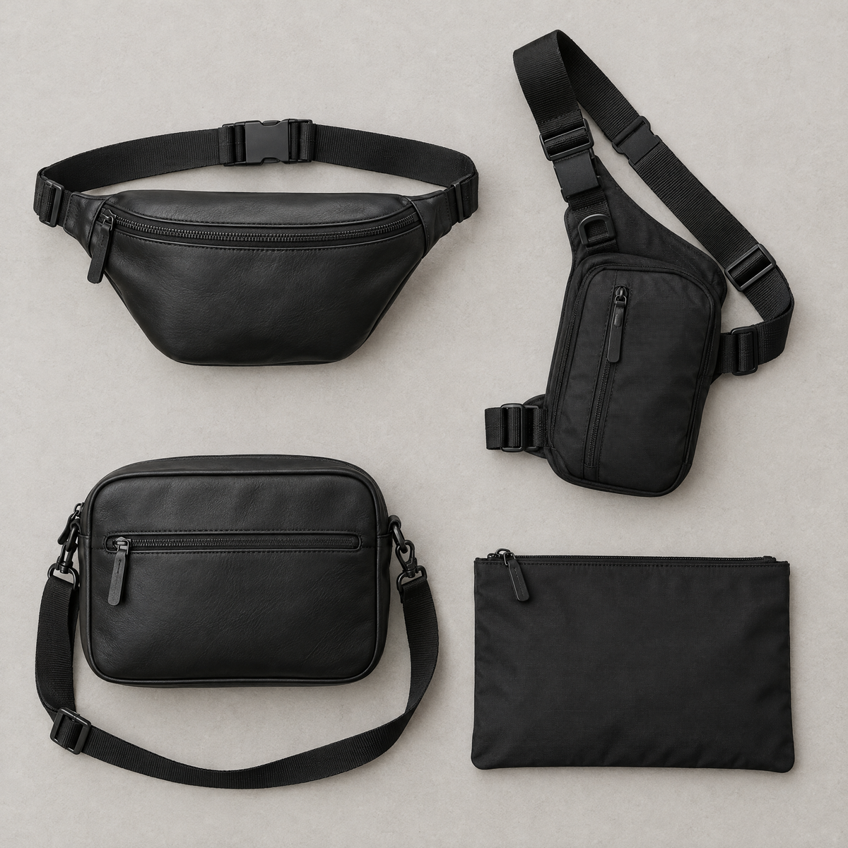 Banane, holster, bandoulière et pochette noires vues de dessus