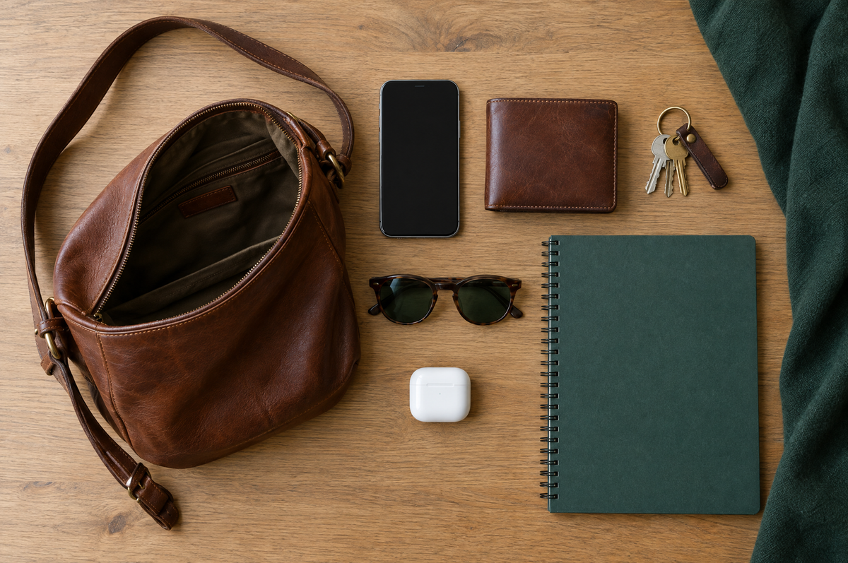Sacoche en cuir ouverte à côté d'un téléphone, d'un portefeuille, de clés et d'un carnet A4 Image